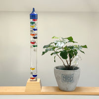 25" Tall Square Tube Galileo Thermometer With Wooden Base & Blue Cap - 2025 UPDATE